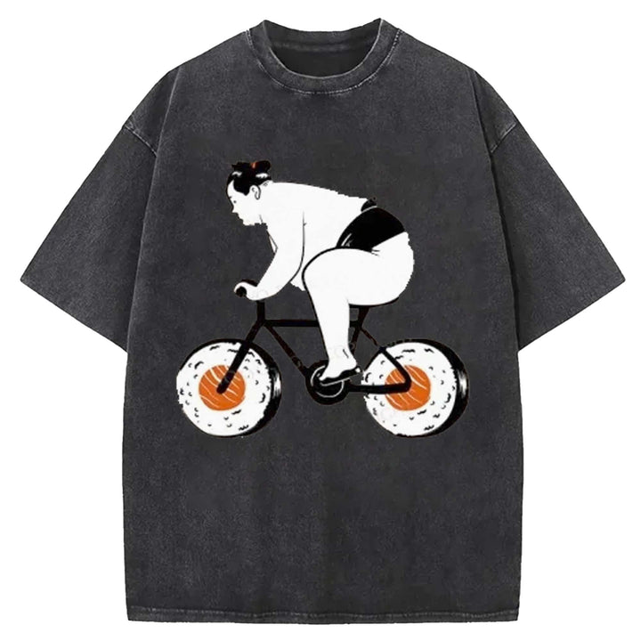 Sumo Riding A Sushi Bike Washed Crew Neck T-shirt