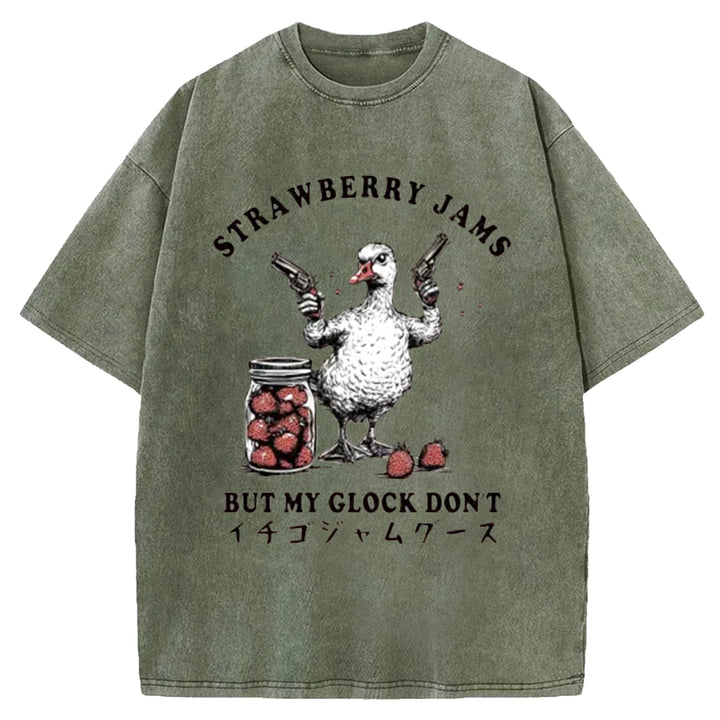 STRA WBERRY JAMS BUT MY GLOCK DON'T Washed Crew Neck T-Shirt