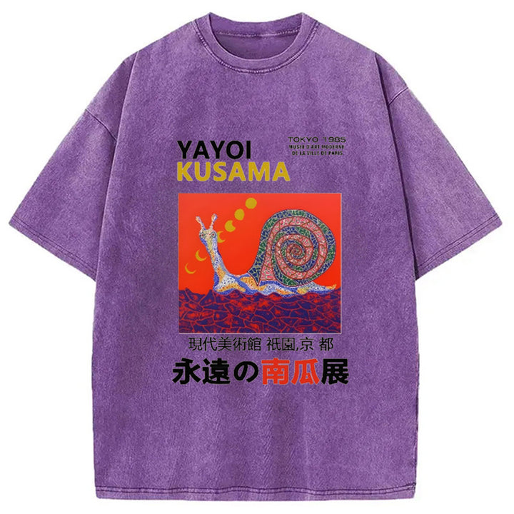 Yayoi Kusama Snail Vintage Design Washed Crew Neck T-Shirt