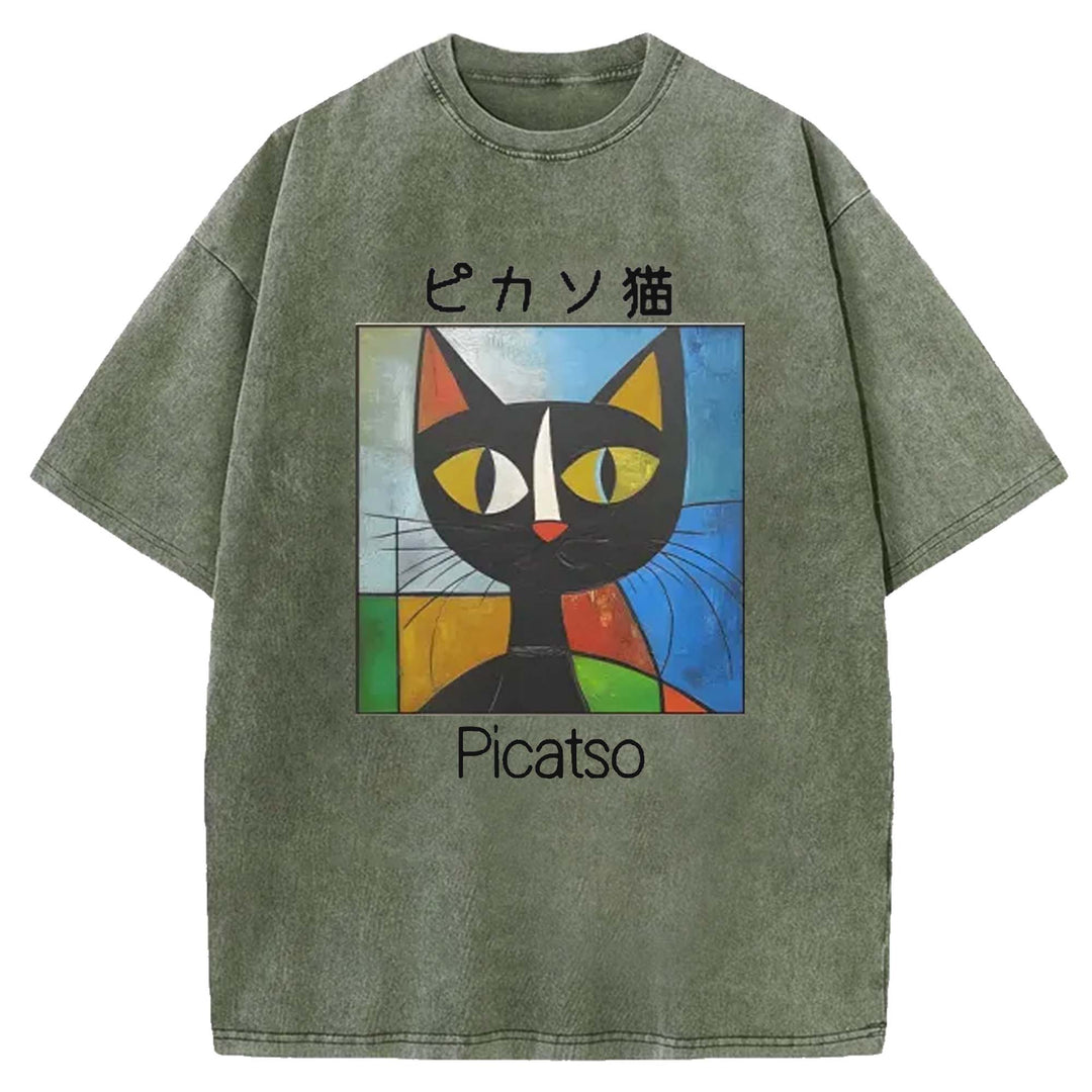 Picasso Cat Washed Crew Neck T-shirt