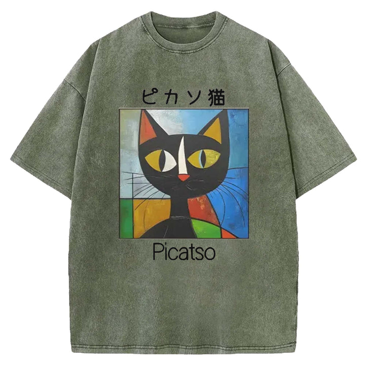 Picasso Cat Washed Crew Neck T-shirt