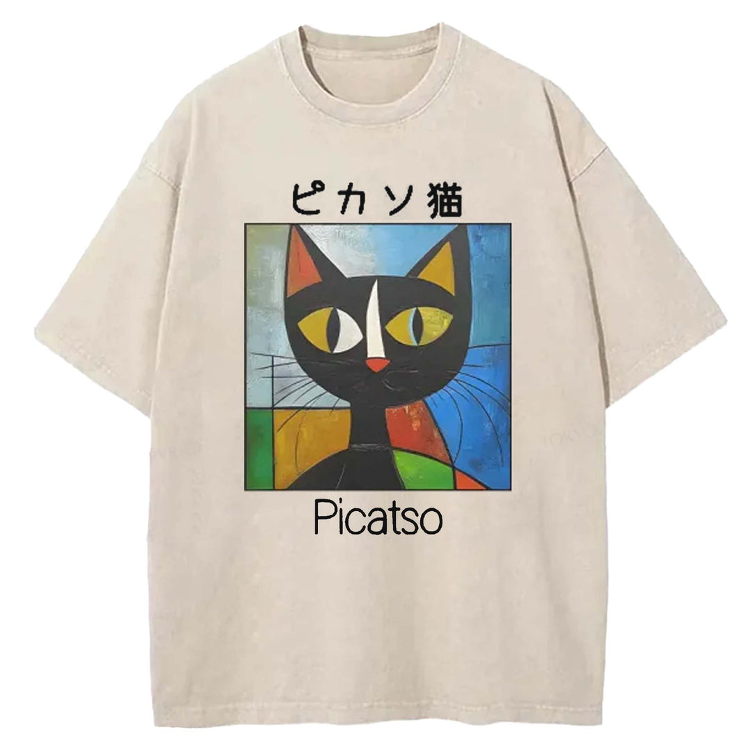 Picasso Cat Washed Crew Neck T-shirt