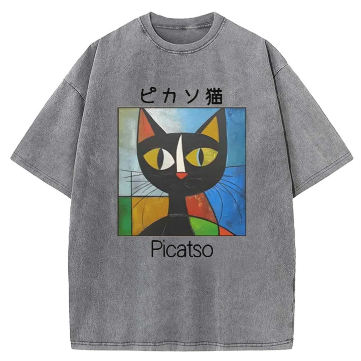 Picasso Cat Washed Crew Neck T-shirt