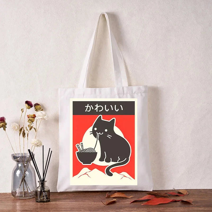 "Kawaii" Vintage Style Japenese Ramen Cat Tote Bag