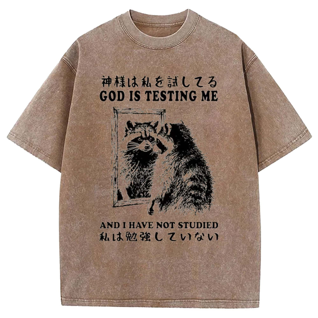 GOD IS TESTING ME Washed Crew Neck T-shirt