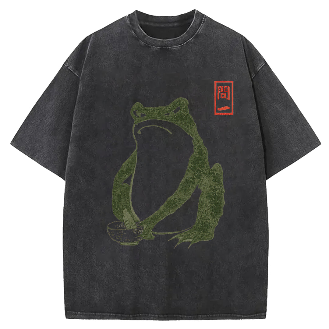 Retro Frog Design Washed Crew Neck T-Shirt