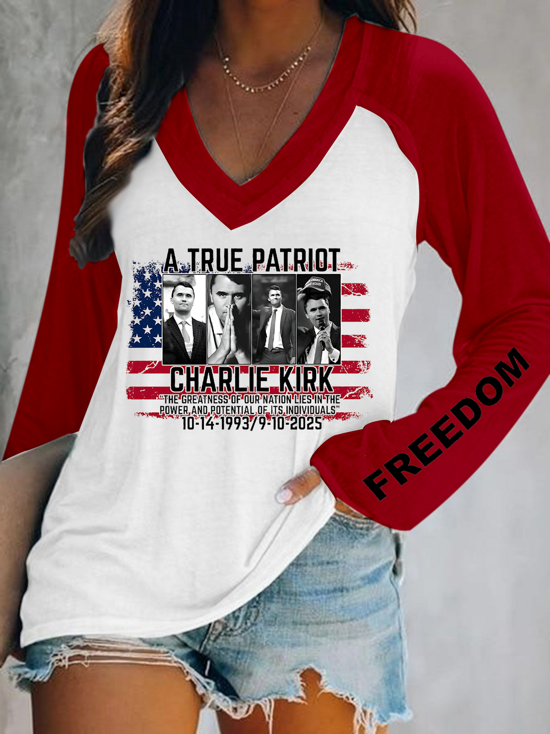 A True Patriot Charkie Kirk Print V-Neck Long Sleeve Top