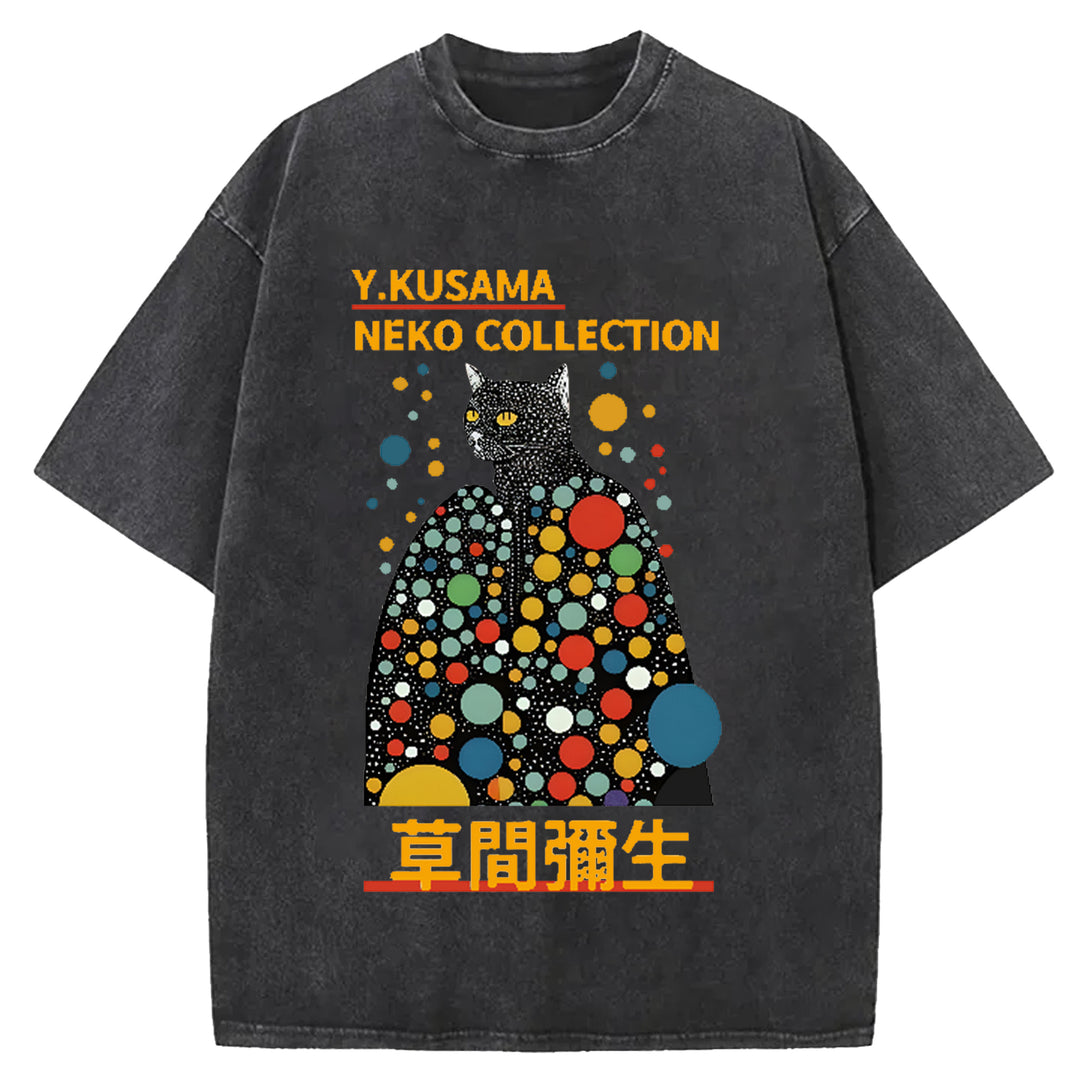 Yayoi Kusama Cat Vintage Japanese Design Washed Crew Neck T-Shirt