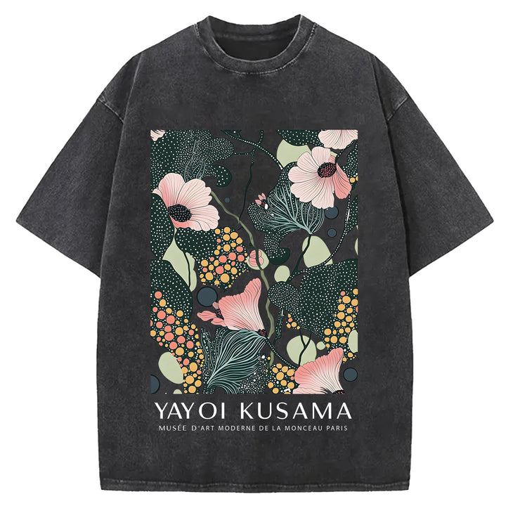 Yayoi Kusama Flower Vintage Design Washed Crew Neck T-Shirt