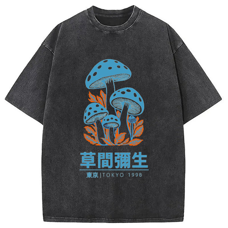 Yayoi Kusama Blue Mushroom Vintage Washed Crew Neck T-Shirt