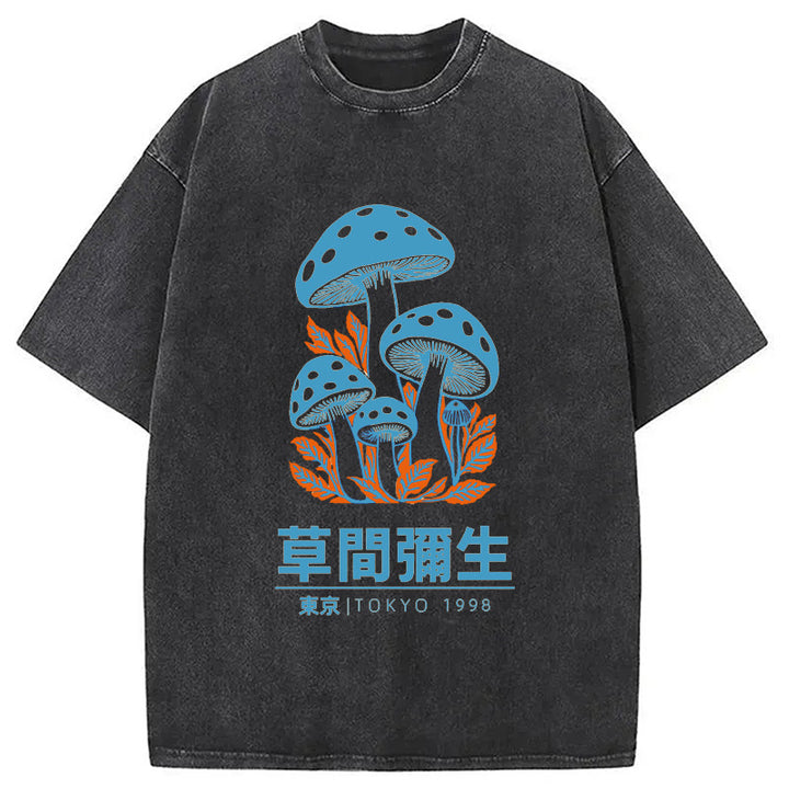 Yayoi Kusama Blue Mushroom Vintage Washed Crew Neck T-Shirt