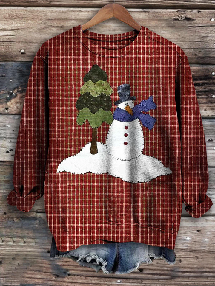 Women's Snowman Christmas Tree Plaid Vintage Print T-shirt