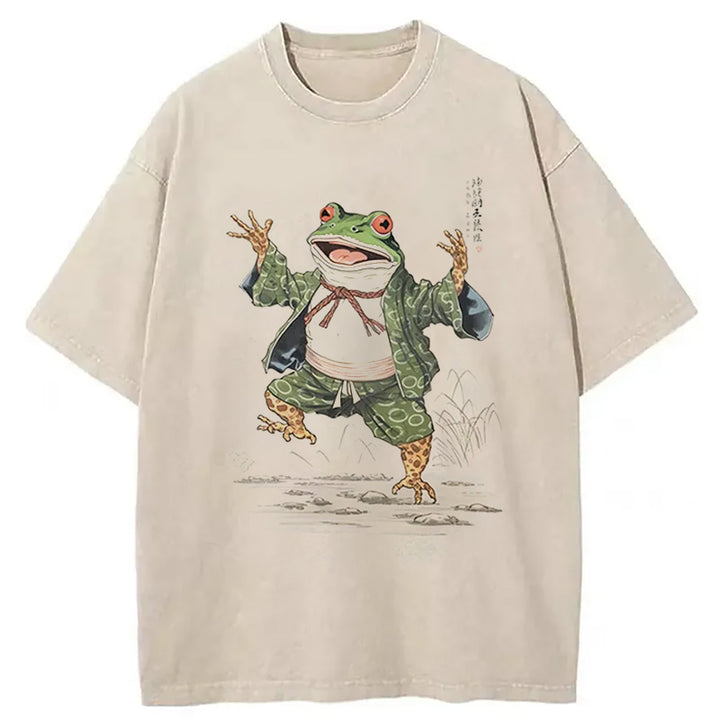Frog Dancing Japanese Art Vintage Washed Crew Neck T-Shirt