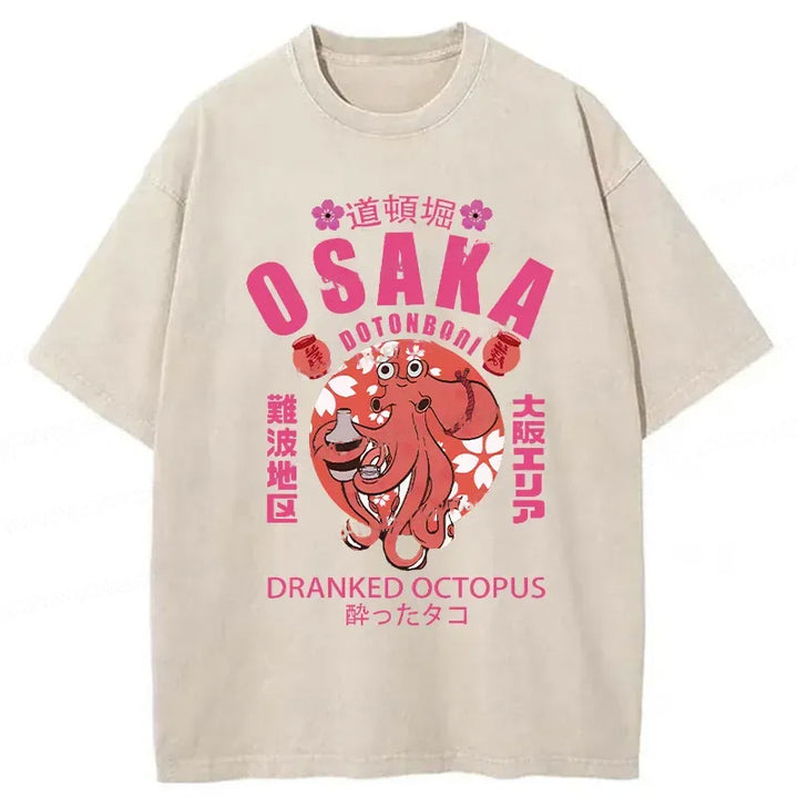 Sakura And Octopus Washed Crew Neck T-Shirt