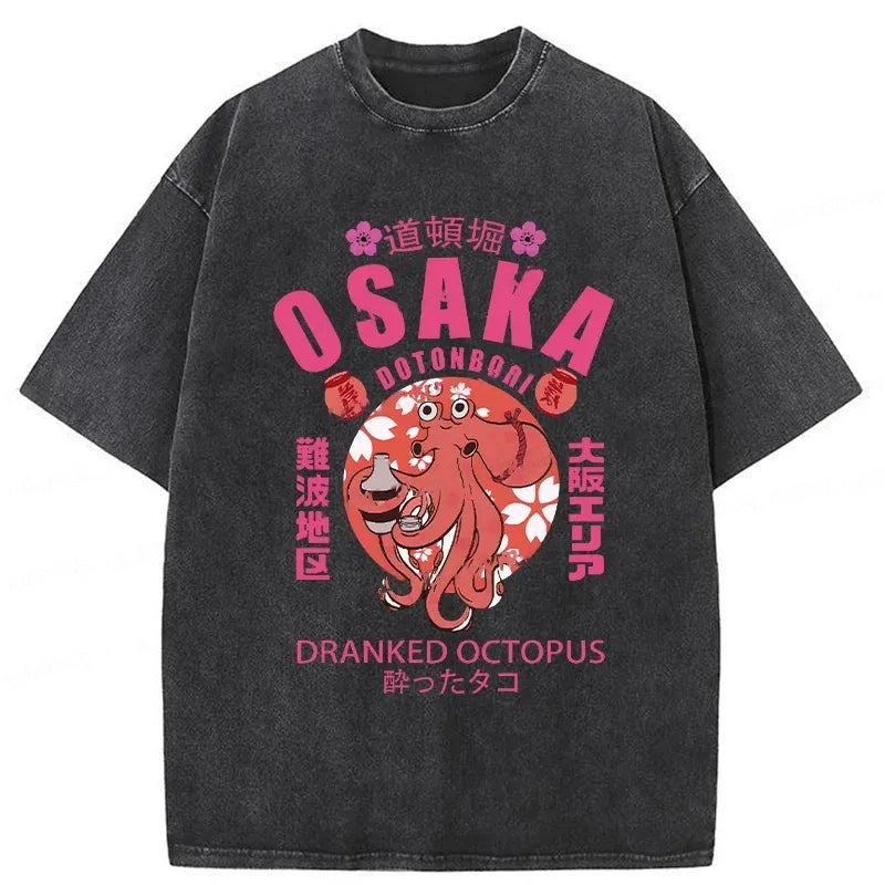 Sakura And Octopus Washed Crew Neck T-Shirt