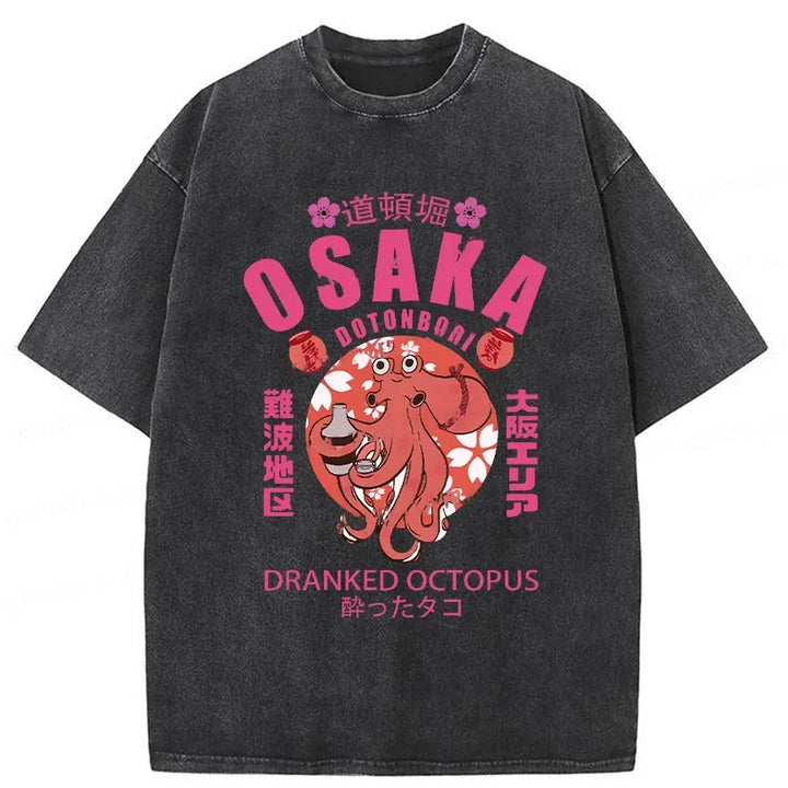 Sakura And Octopus Washed Crew Neck T-Shirt