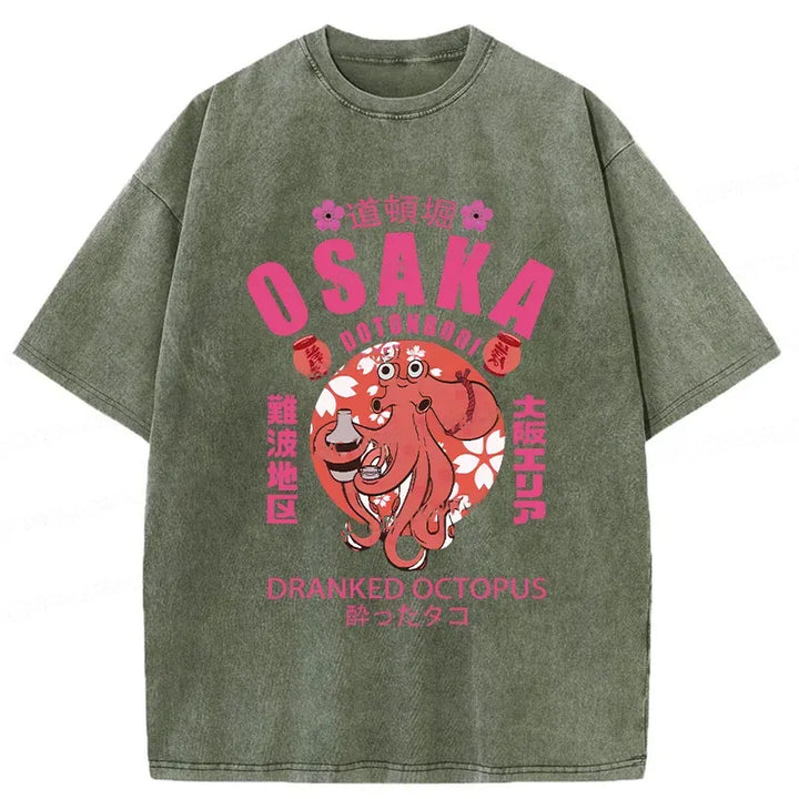 Sakura And Octopus Washed Crew Neck T-Shirt