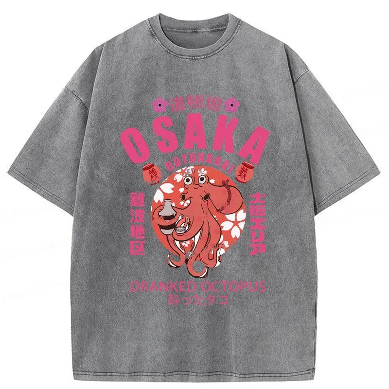 Sakura And Octopus Washed Crew Neck T-Shirt
