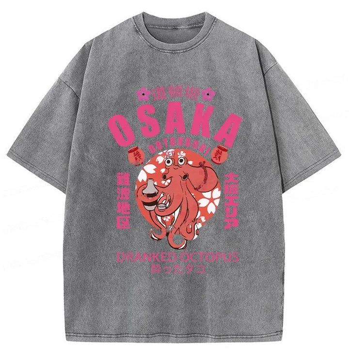Sakura And Octopus Washed Crew Neck T-Shirt