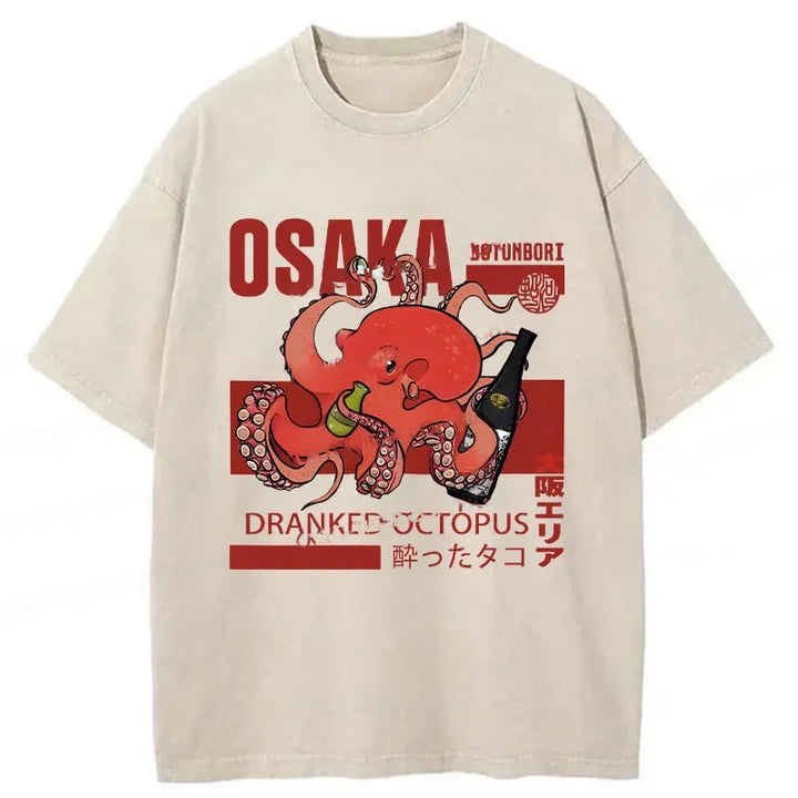 Osaka Cute Octopus Washed Crew Neck T-Shirt