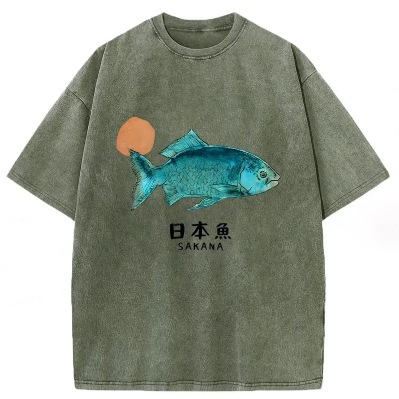 Japanese Fish Vintage Washed Crew Neck T-Shirt