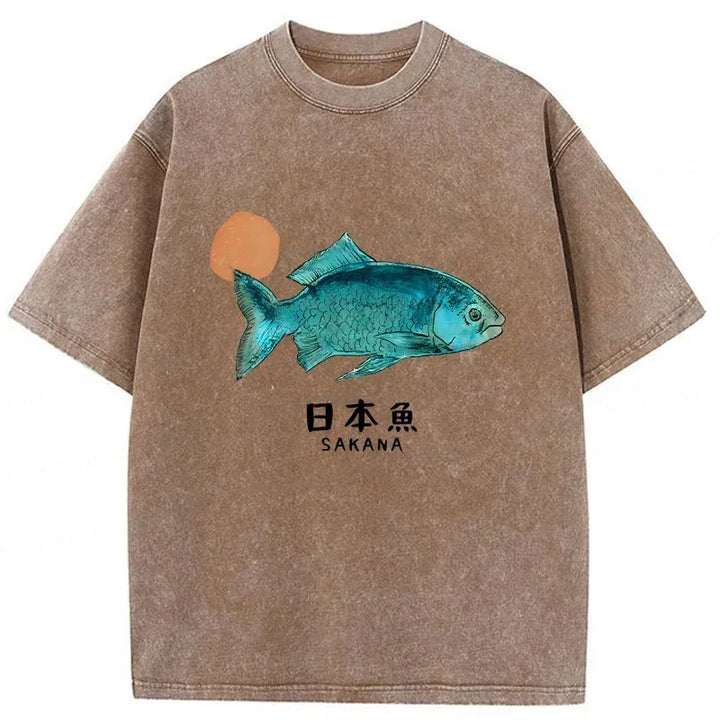 Japanese Fish Vintage Washed Crew Neck T-Shirt