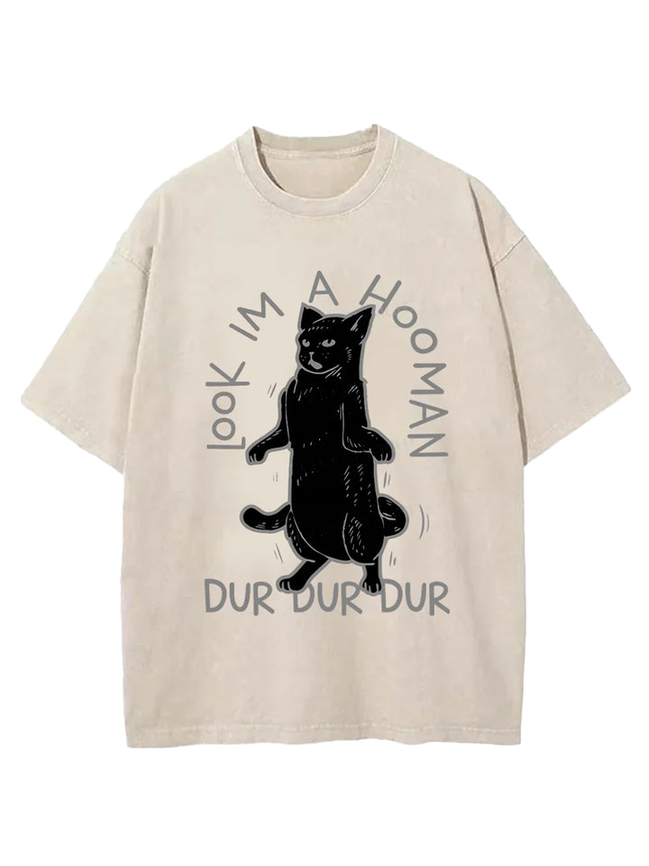 Dancing Cat Washed Crew Neck T-shirt