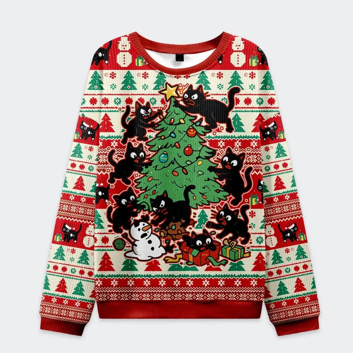Black Cats Destroying Christmas Tree Christmas Ugly Sweatshirt