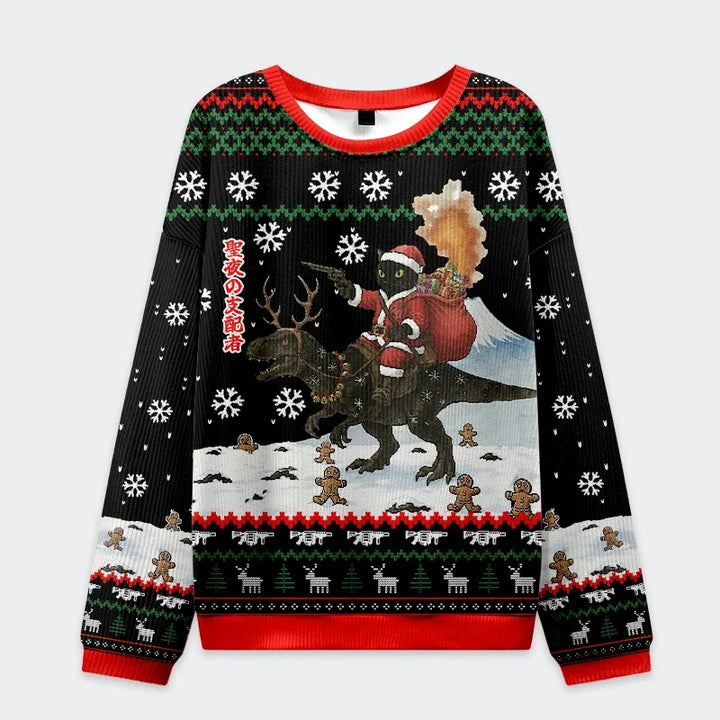 Cat Riding A Dinosaur Christmas Ugly Sweatshirt