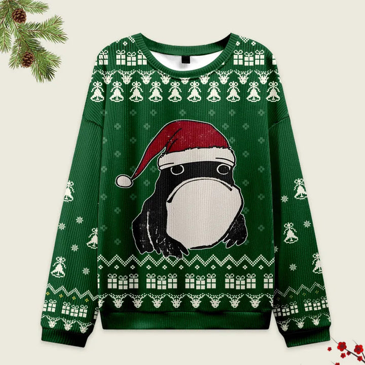 Frog Wearing Santa Hat Green Christmas Ugly Sweatshirt