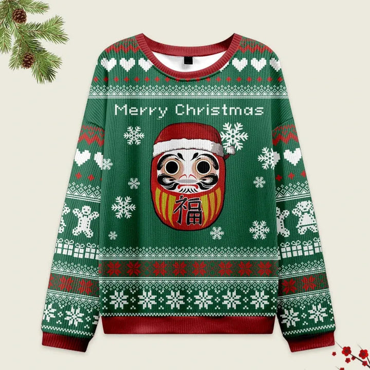 Japanese Daruma Green Christmas Ugly Sweatshirt