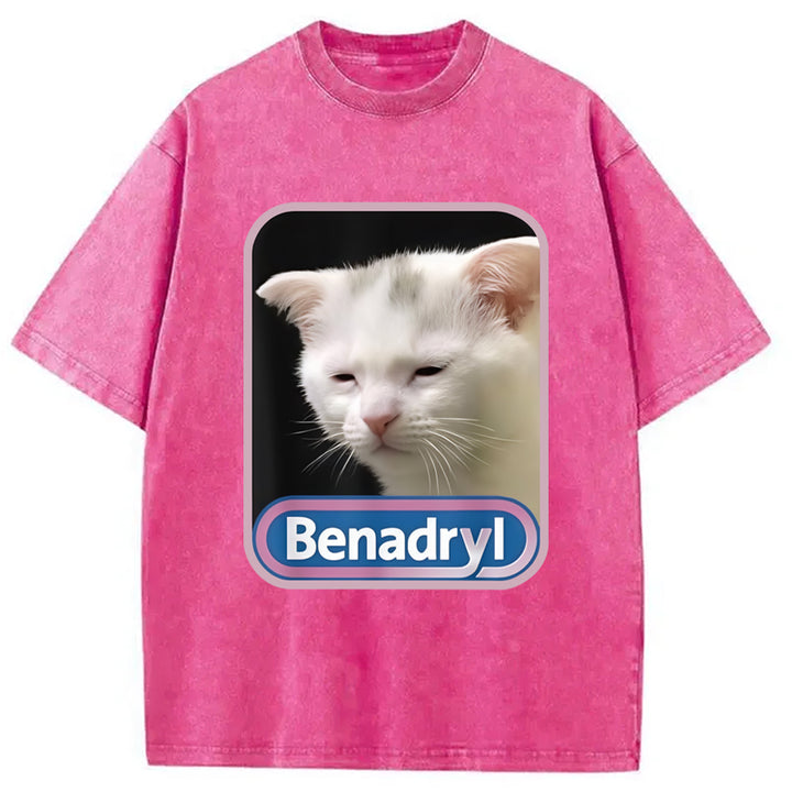 Benadryl Meme Cat Benny Cute Washed Crew Neck T-Shirt