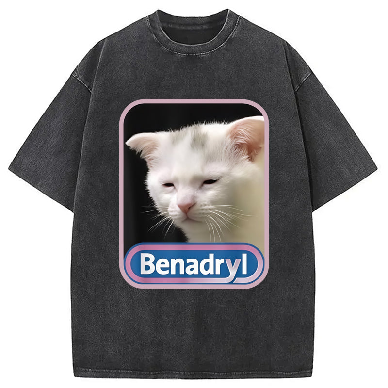 Benadryl Meme Cat Benny Cute Washed Crew Neck T-Shirt