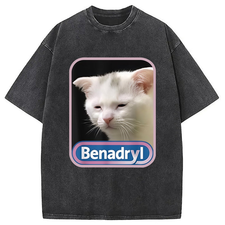 Benadryl Meme Cat Benny Cute Washed Crew Neck T-Shirt