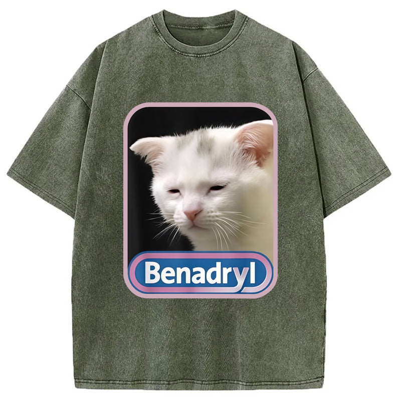 Benadryl Meme Cat Benny Cute Washed Crew Neck T-Shirt