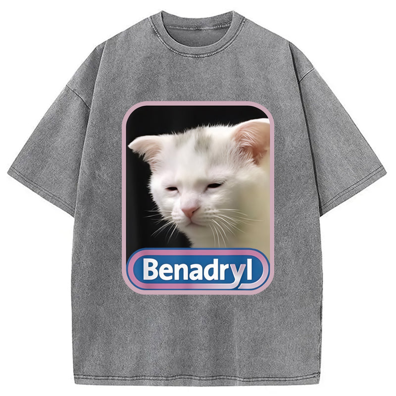 Benadryl Meme Cat Benny Cute Washed Crew Neck T-Shirt