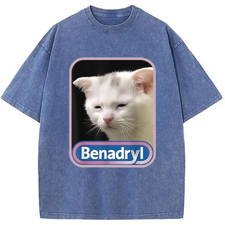 Benadryl Meme Cat Benny Cute Washed Crew Neck T-Shirt