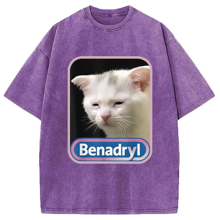 Benadryl Meme Cat Benny Cute Washed Crew Neck T-Shirt