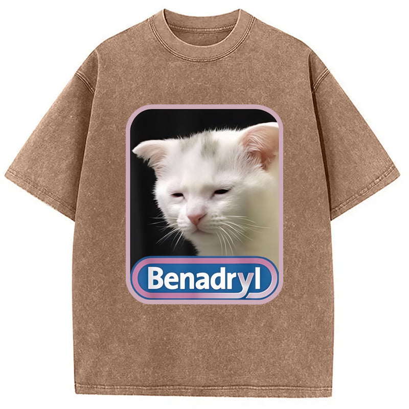 Benadryl Meme Cat Benny Cute Washed Crew Neck T-Shirt