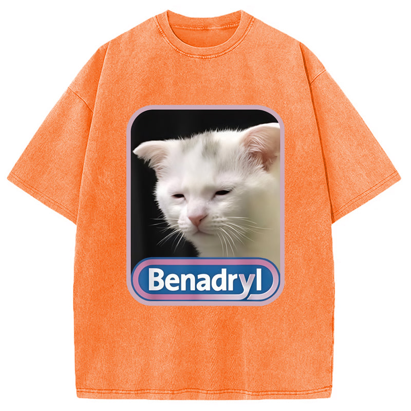 Benadryl Meme Cat Benny Cute Washed Crew Neck T-Shirt