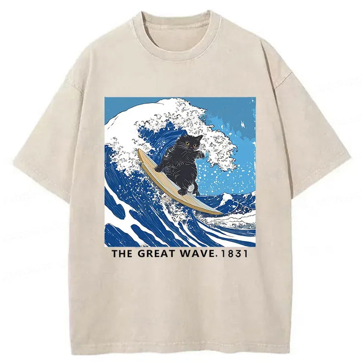 Cat Surfing Funny Washed Crew Neck T-Shirt