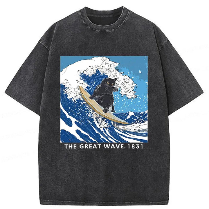 Cat Surfing Funny Washed Crew Neck T-Shirt