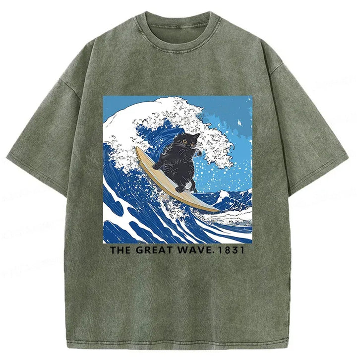 Cat Surfing Funny Washed Crew Neck T-Shirt