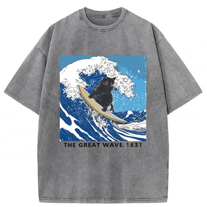 Cat Surfing Funny Washed Crew Neck T-Shirt
