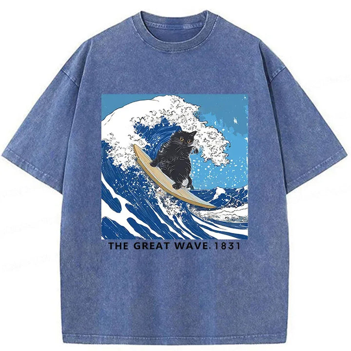 Cat Surfing Funny Washed Crew Neck T-Shirt