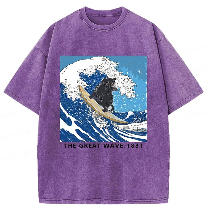 Cat Surfing Funny Washed Crew Neck T-Shirt