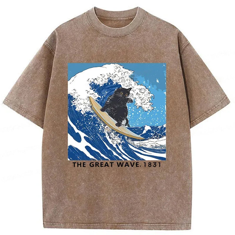 Cat Surfing Funny Washed Crew Neck T-Shirt