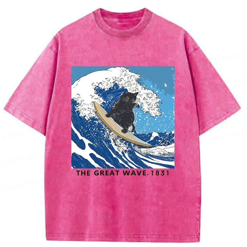 Cat Surfing Funny Washed Crew Neck T-Shirt
