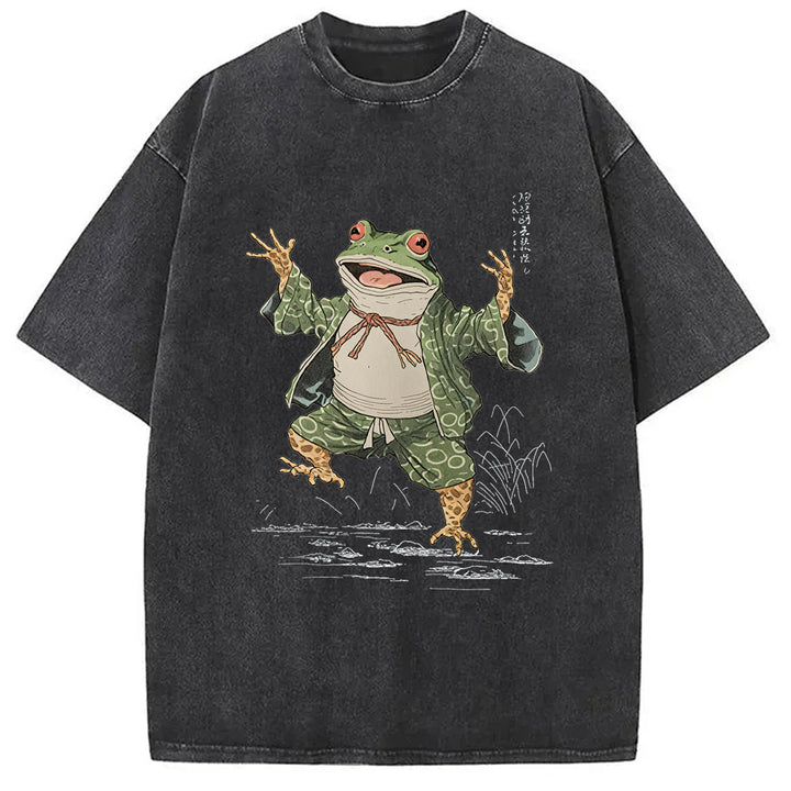 Frog Dancing Japanese Art Vintage Washed Crew Neck T-Shirt