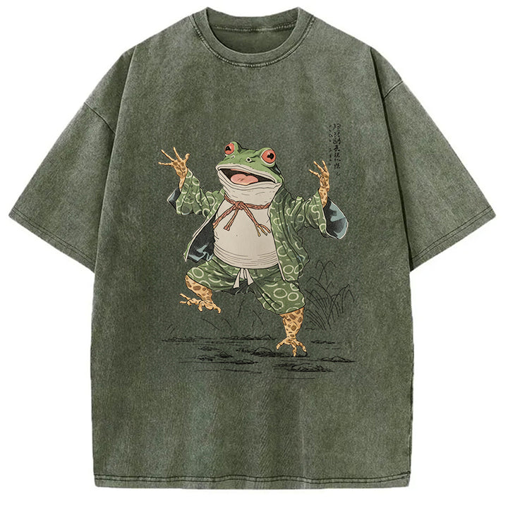 Frog Dancing Japanese Art Vintage Washed Crew Neck T-Shirt